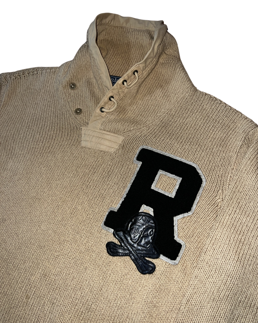 Vintage Ralph Lauren Knitted Skull Patch Varsity Sweater