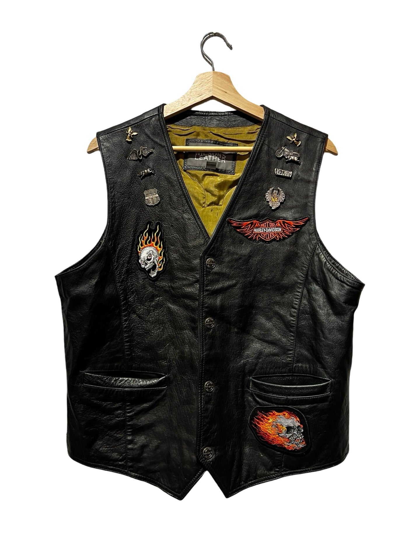 Vintage 90s Harley Davidson Leather Vest 9/11 Vietnam Pins