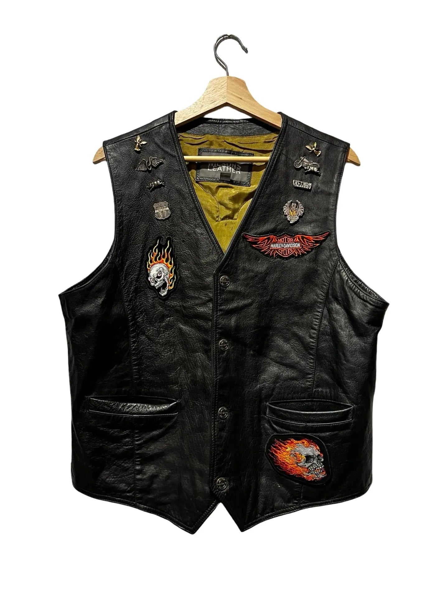 Vintage 90s Harley Davidson Leather Vest 9/11 Vietnam Pins KIF Vintage