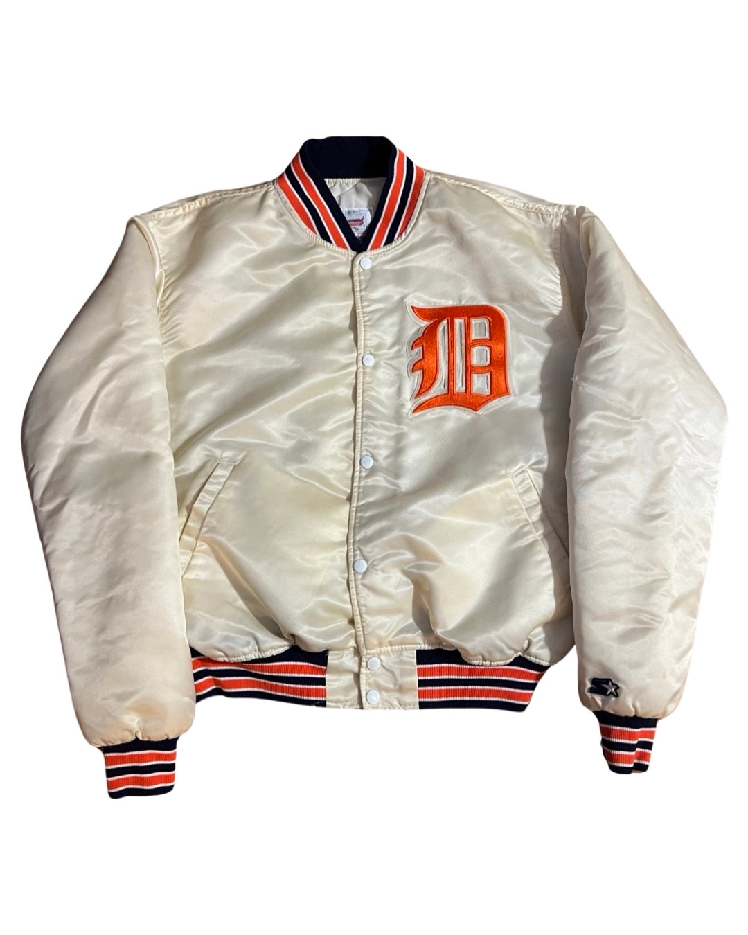 Vintage 90s Rare Detroit Tigers Cream Satin Diamond Starter Jacket