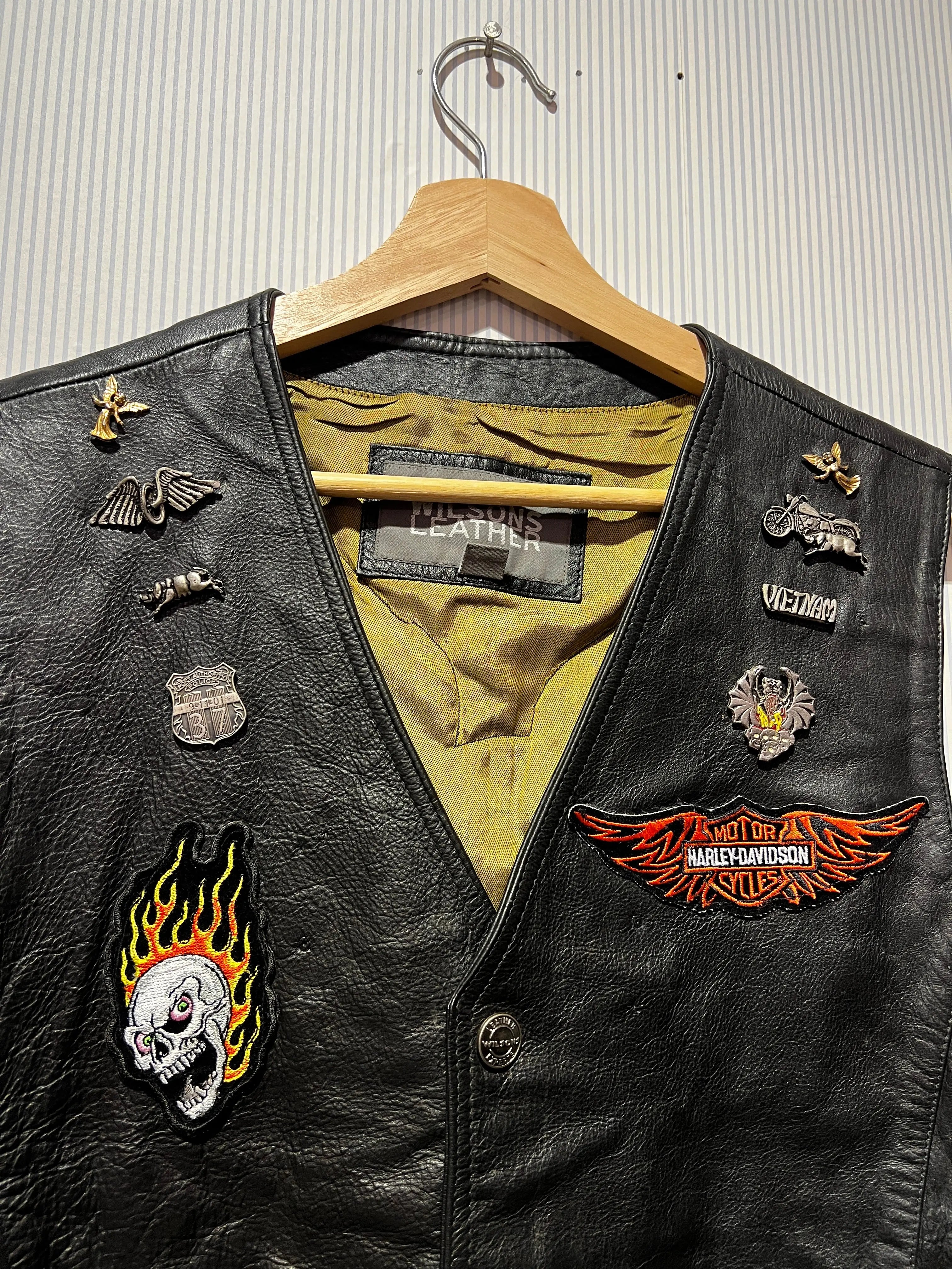 Vintage 90s Harley Davidson Leather Vest 9/11 Vietnam Pins KIF Vintage