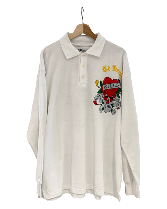 Vintage y2k Ed Hardy Long Sleeve White Polo Shirt