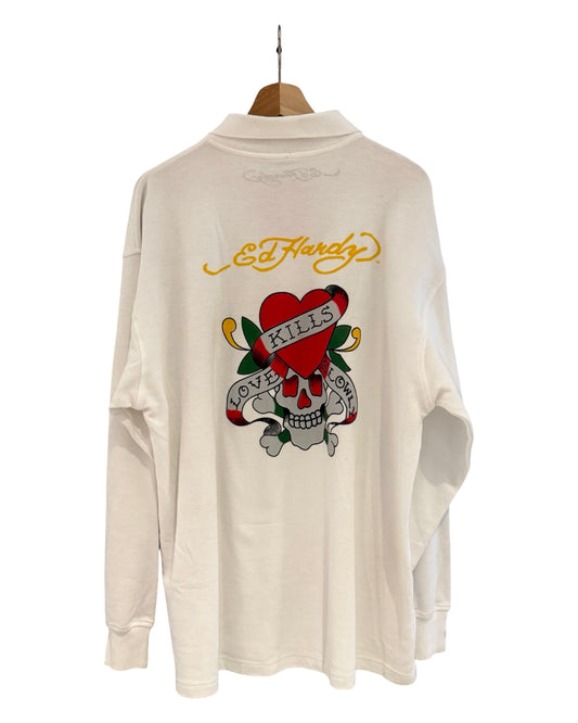 Vintage y2k Ed Hardy Long Sleeve White Polo Shirt