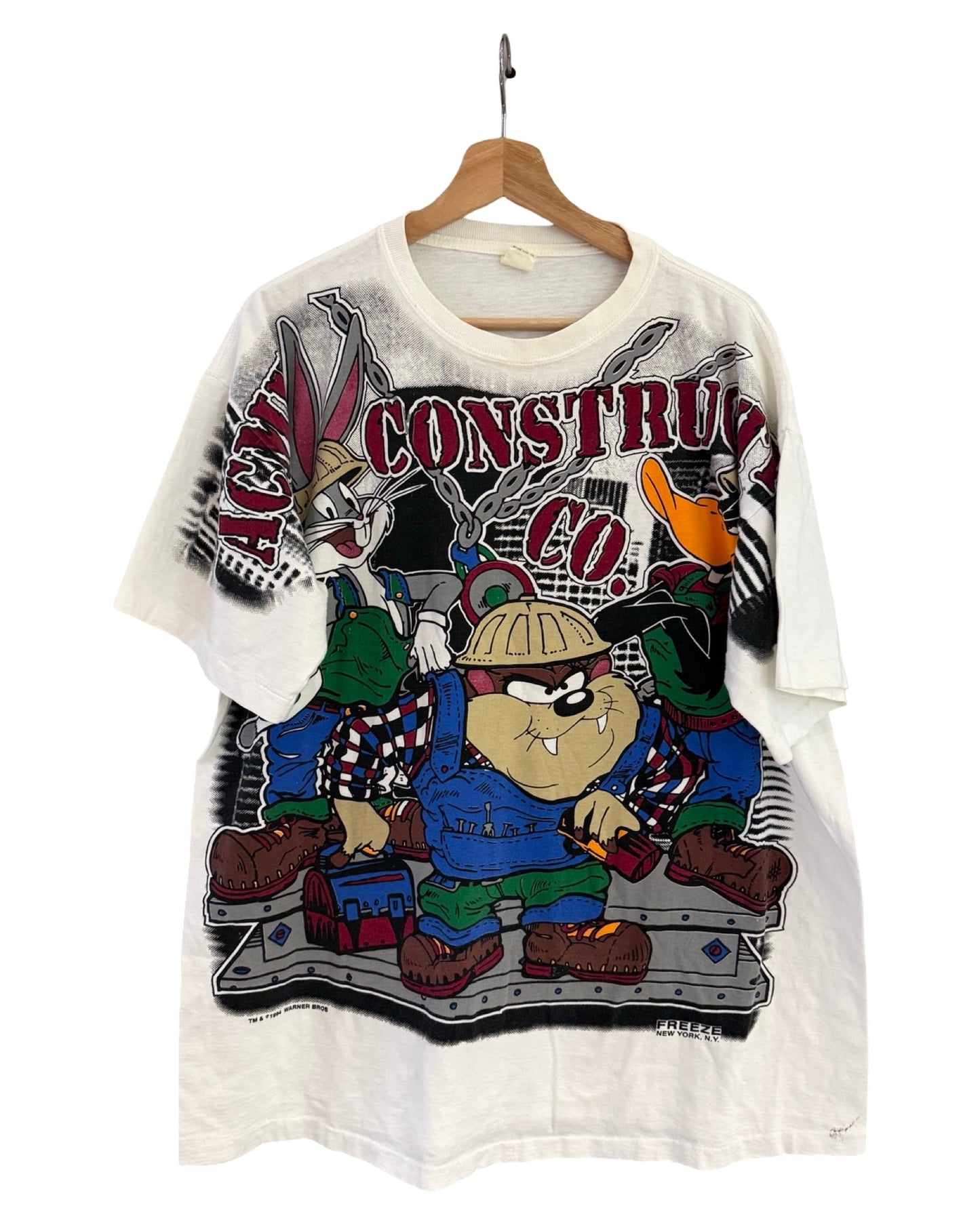Vintage 1994 Looney Tunes Acme Construction All Over Print Tee